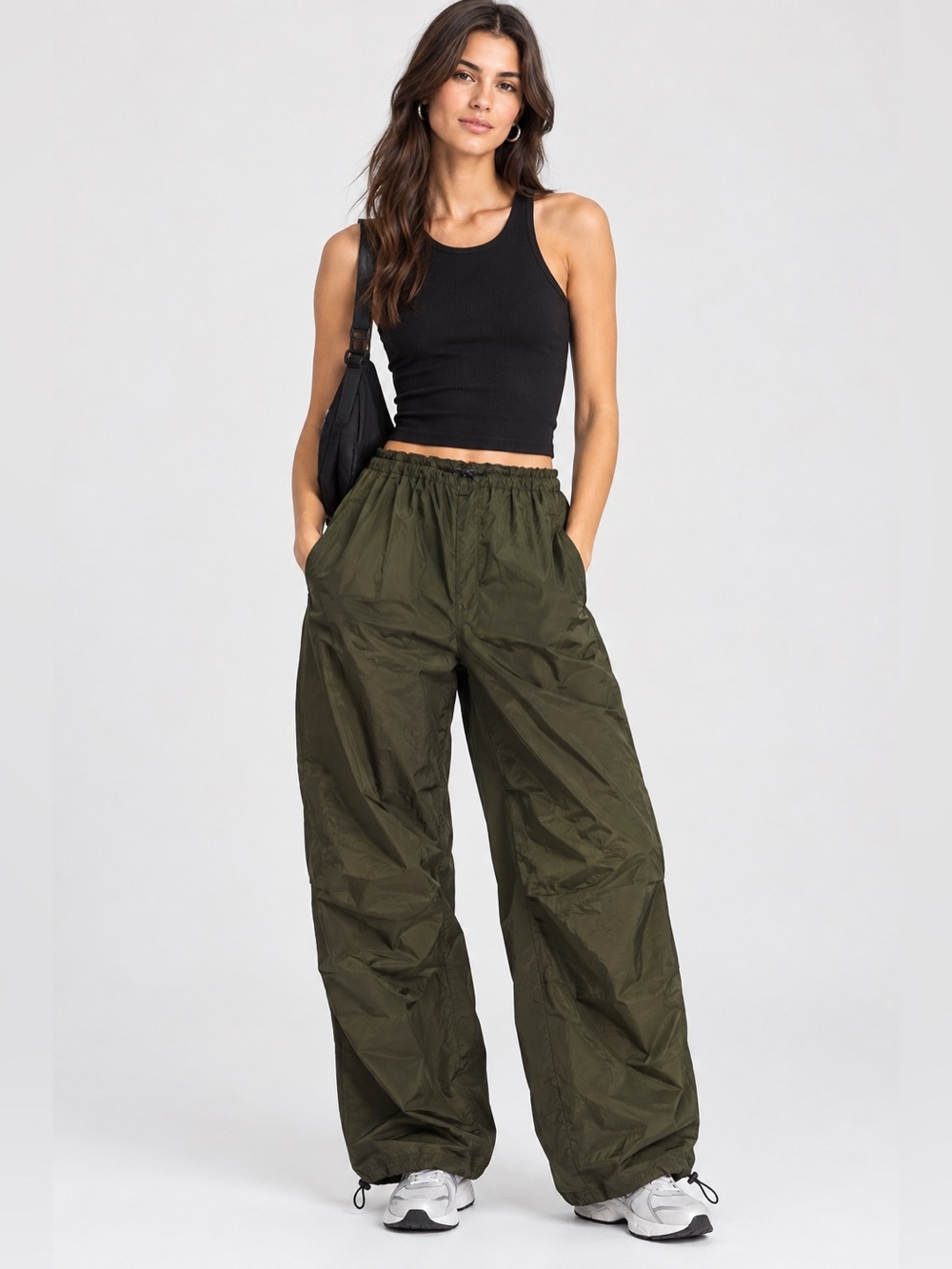 H&M Khaki Green Cotton Parachute Technical Pants, Size L